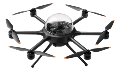 Hexacopter featuring a transparent dome housing the flight control unit