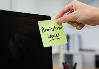 Hand Placing Sticky Note Brainstorm Ideas on Monitor Office Reminder Message Business Task Schedule Organization Work