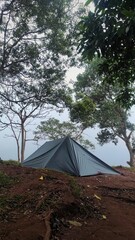 A dark-colored flysheet tent stands on a misty mountain peak, surrounded by tall trees and foggy skies, creating a serene and secluded camping atmosphere.