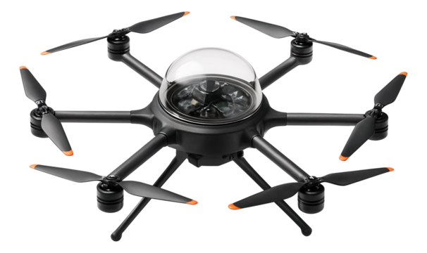 Hexacopter featuring a transparent dome housing the flight control unit