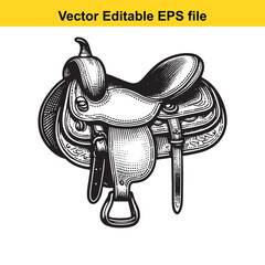 Vintage Western Saddle Illustration Detailed Black and White Engraving for Equestrian Themes and Designs, Cowboy Gear and Americana
