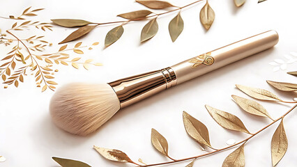 Luxurious Makeup Brush with Elegant Golden Accents. A high-quality makeup brush, light beige with rose gold accents, sits on a white background adorned with dried golden leaves and sprigs.