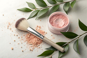 Natural Powder Makeup with Fresh Greens for a Natural Look.A high-angle, flat lay image of a container of loose powder makeup, a makeup brush, and fresh eucalyptus leaves on a light sage-green surface