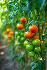 Ripe red and green tomatoes clustered on vine, basking in greenhouse sunlight, illustrating natural agricultural growth stages