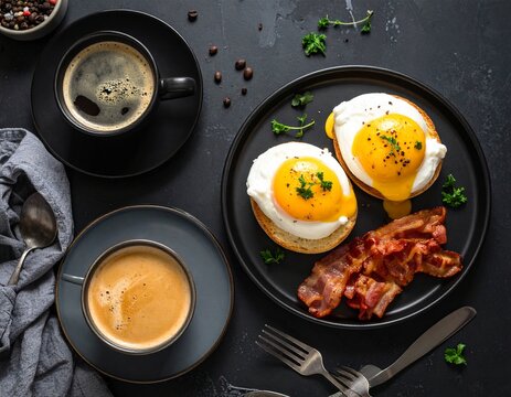 Dramatic flat lay food photography of a gourmet breakfast. Dark, moody lighting creating deep shadows and strong contrasts. Showcase a perfectly cooked eggs benedict, a side of crispy bacon, and a str