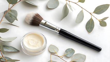 Natural Powder Makeup with Fresh Greens for a Natural Look.A high-angle, flat lay image of a container of loose powder makeup, a makeup brush, and fresh eucalyptus leaves on a light sage-green surface