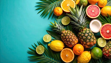 vibrant tropical fruit arrangement with a mix of citrus fruits, pineapples, and limes on a teal background
