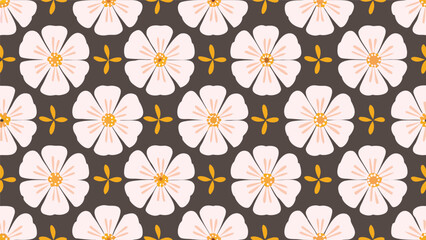 Repeating pattern of white flowers with yellow centers and yellow crosses on a dark brown background
