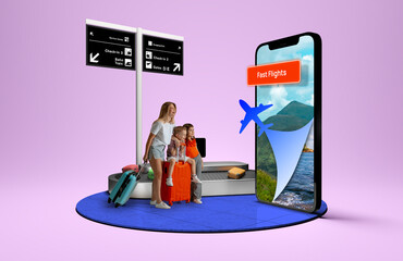 Woman and kids waiting at luggage area while large digital phone app displays fast travel solution....