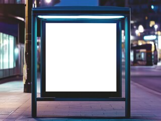 Empty bus stop advertisement at night