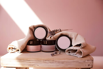 Natural Skincare Products Displayed on Rustic Wooden Shelf. Blank Label Skincare Products Displayed on a Wooden Tray. A close-up image of various skincare products, presented on a rustic wooden shelf 