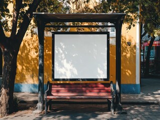 A bus stop with a blank advertisement board, bench, and surrounding trees.