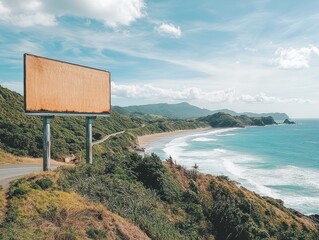 A billboard stands on a grassy hill overlooking a coastal road, sandy beach, and ocean waves under a partly cloudy sky.