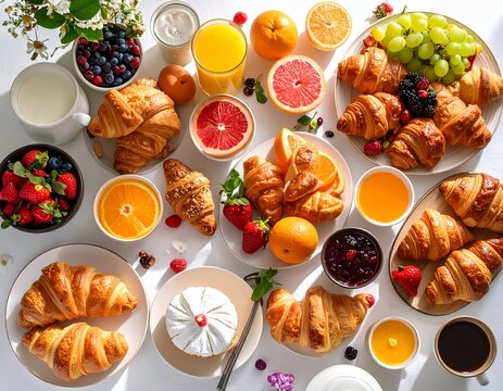 Vibrant and colorful flat lay of a joyful breakfast scene. Bright, diffused lighting enhancing the cheerful atmosphere. Display a variety of colorful pastries, fresh fruit platter, and small jars of j