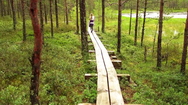 Little beautiful girl walks on swamp in Estonia