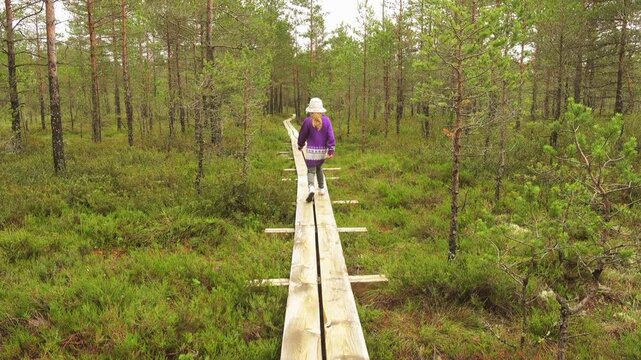 Little beautiful girl walks on swamp in Estonia