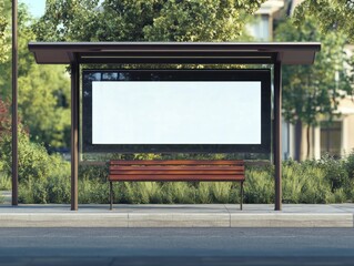 Bus stop shelter with a blank billboard and a wooden bench, surrounded by trees and greenery.