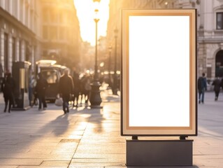 Empty billboard in a city street at sunset, with pedestrians walking by.