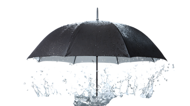 Holding an umbrella while rain hits the surface, raindrops splashing, clear canopy implied, isolated on white background,