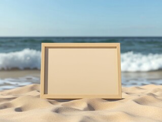 Empty light beige wooden frame sits on a sandy beach, ocean waves in the background.