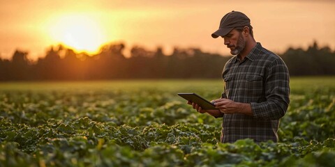 a farmer standing in a field with a tablet, monitoring smart irrigation systems in the background, rows of green crops and clear sky