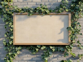 Blank wooden framed canvas adorned with ivy, mounted on a brick wall.