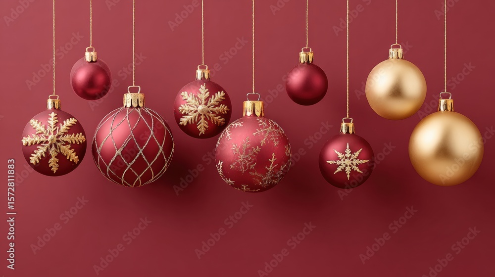 Poster close-up of colorful christmas ornaments hanging from strings with festive blurred background lights