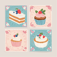 Set of hand drawn vintage posters in cute girly coquette style. Whimsical drawings of cake, berry and pastries. Dolce vita concept. Contemporary art vector illustrations