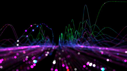 Abstract analytical background with color lines chart analyze dots data defocus.  Quantum cryptography concept.  Banner for business, science and technology. Data chart. Big data.