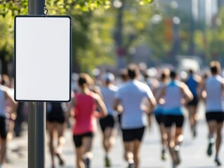 Blurred view of runners in a marathon with a blank sign in the foreground, ready for customization.