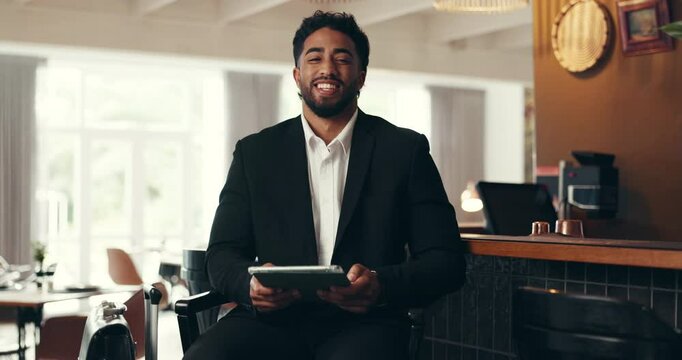 Hotel, face and business man in lobby on tablet for online booking, accommodation and seminar. Work trip, hospitality and portrait of person on tech for conference, schedule and corporate event