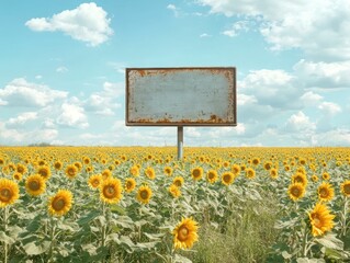 A sunflower field under a blue sky with fluffy clouds, featuring a weathered sign in the center.