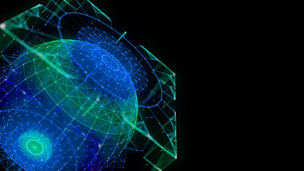 Abstract background digital virtual data 3d sphere in algorithm box in dark ciberspace. Futuristic big data analysis visualization. Cryptocurrency, AI concep