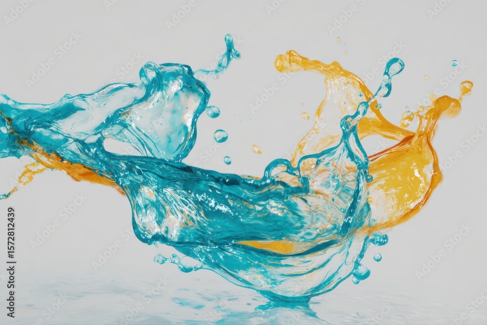 Poster a detailed and colorful abstract liquid splash resembling a water splash, creating a dynamic and vib