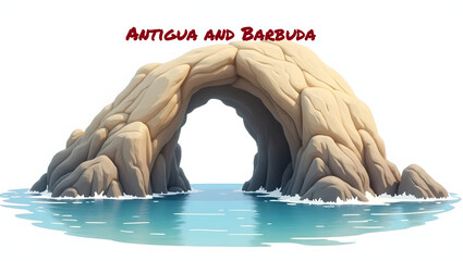 3d illustration of Devil’s Bridge with wave splash and the words 'Antigua and Barbuda' beneath. Natural tones on white background.