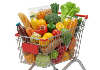 A shopping cart overflowing with fresh groceries, vegetables, and fruits for a healthy lifestyle isolated on transparent background