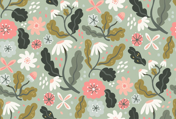 Hand drawn seamless vector floral pattern in flat style