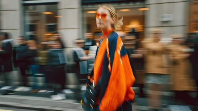 Fashionable Woman Walks Briskly Through a Busy Urban Street Generative AI