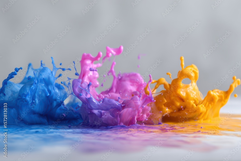 Poster a vibrant group of colored paint splashing onto a clean white surface, creating an abstract and dyna