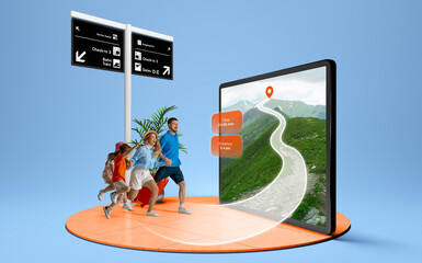Cheerful family begins a mountain hike following a glowing path on a large digital screen with...
