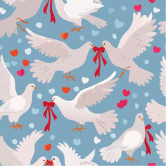 Seamless vector pattern with white pigeons holding cute coquette bow. Hand drawn background with birds and ribbons for wedding, valentine day design. Vintage line art wallpaper, wrapping ...