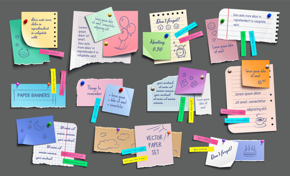 Paper notes, stickers. Memo messages, notepads and torn paper set vector