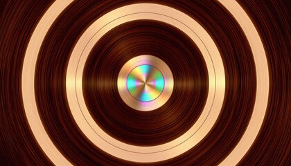 Abstract image of iridescent metallic concentric circles on a dark wood-like texture, suitable for modern technology, luxury design, and digital backgrounds.