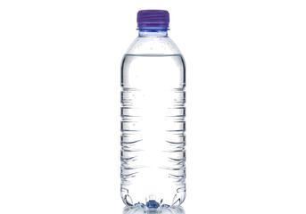 Fototapeta premium A clear plastic water bottle with a blue cap stands isolated against a bright transparent background