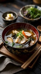 "A steaming bowl of Japanese miso soup with tender chunks of white fish, seaweed, and tofu, served i