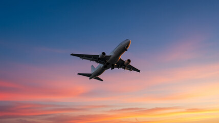 Commercial airplane ascending into a vibrant sunset sky