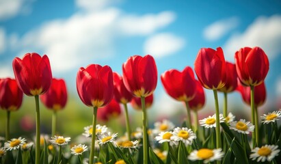 A Vibrant Field of Red Tulips Surrounded by Daisies Against a Backdrop of Bright Blue Sky and Fluffy White Clouds, Creating a Breathtaking Spring Landscape
