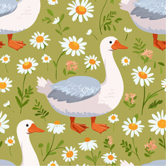 Cute hand drawn goose seamless pattern. Vintage cottagecore background with country bird and daisy flowers. Folk texture for baby nursery, kids design