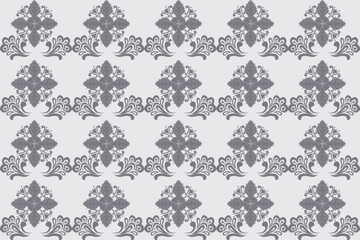 This textile pattern features a repeating floral motif with symmetrical, ornate leaves and flowing elements. The classic grey design evokes elegance and is suitable for traditional or formal settings.