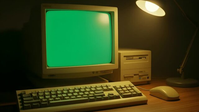 Retro computer setup at night with green screen monitor for chroma key looping background